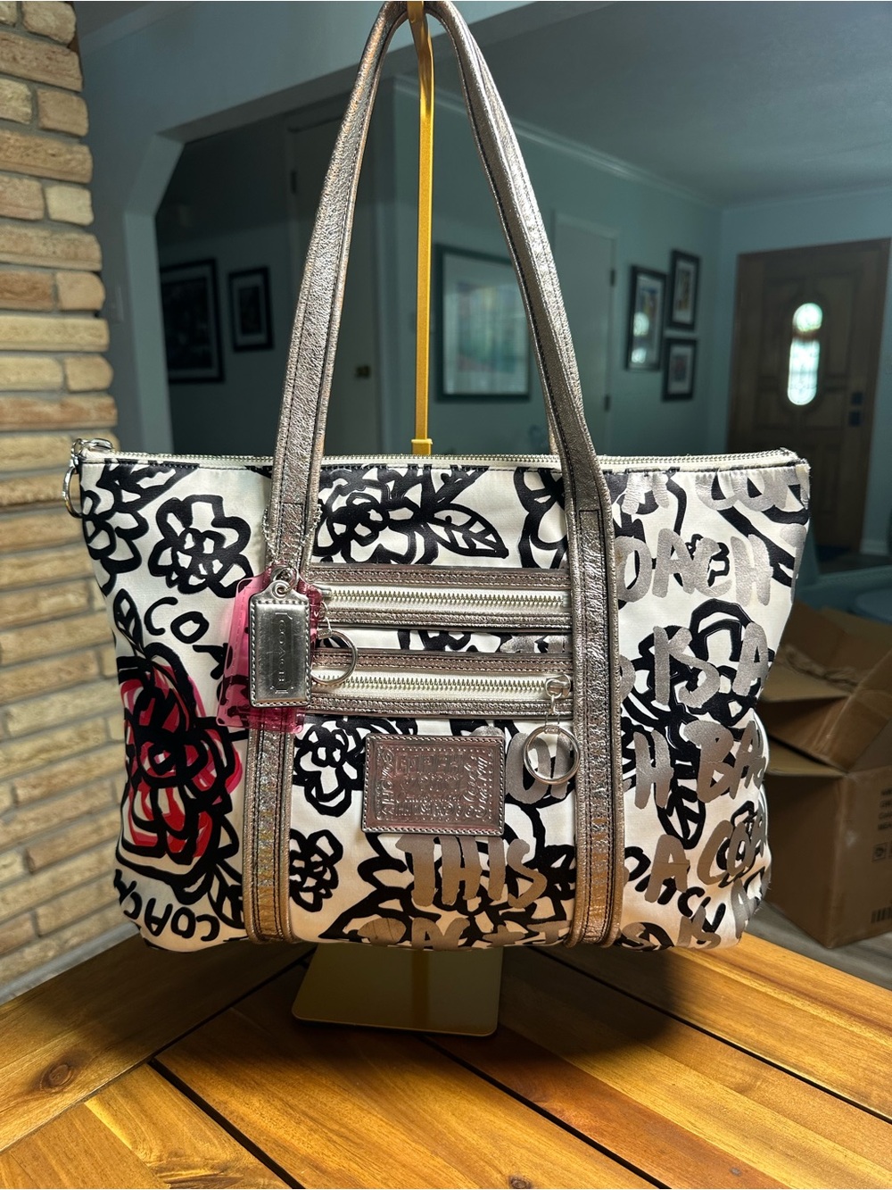 Coach Poppy White Canvas Floral Graffiti Glam Tote with Metallic Silver Trim